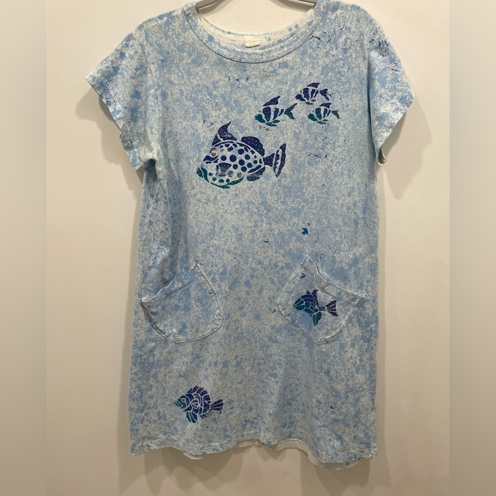 Fish Sundress Size Lg Blue Beach Coverup Short Sleeve Front Pocket Scoop Neck - Picture 4 of 5